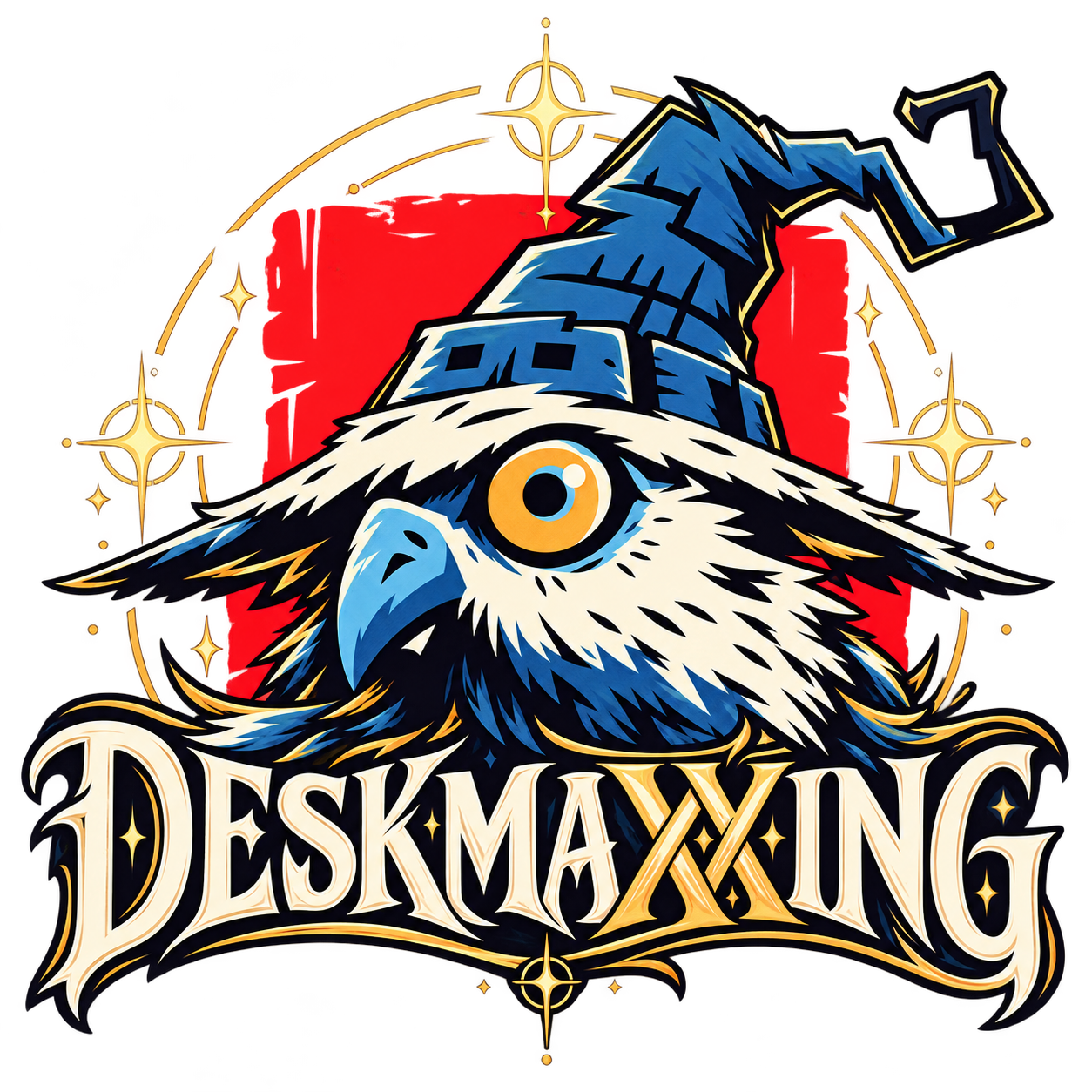 Deskmaxxing illustrated wordmark and mystical wizard emblem